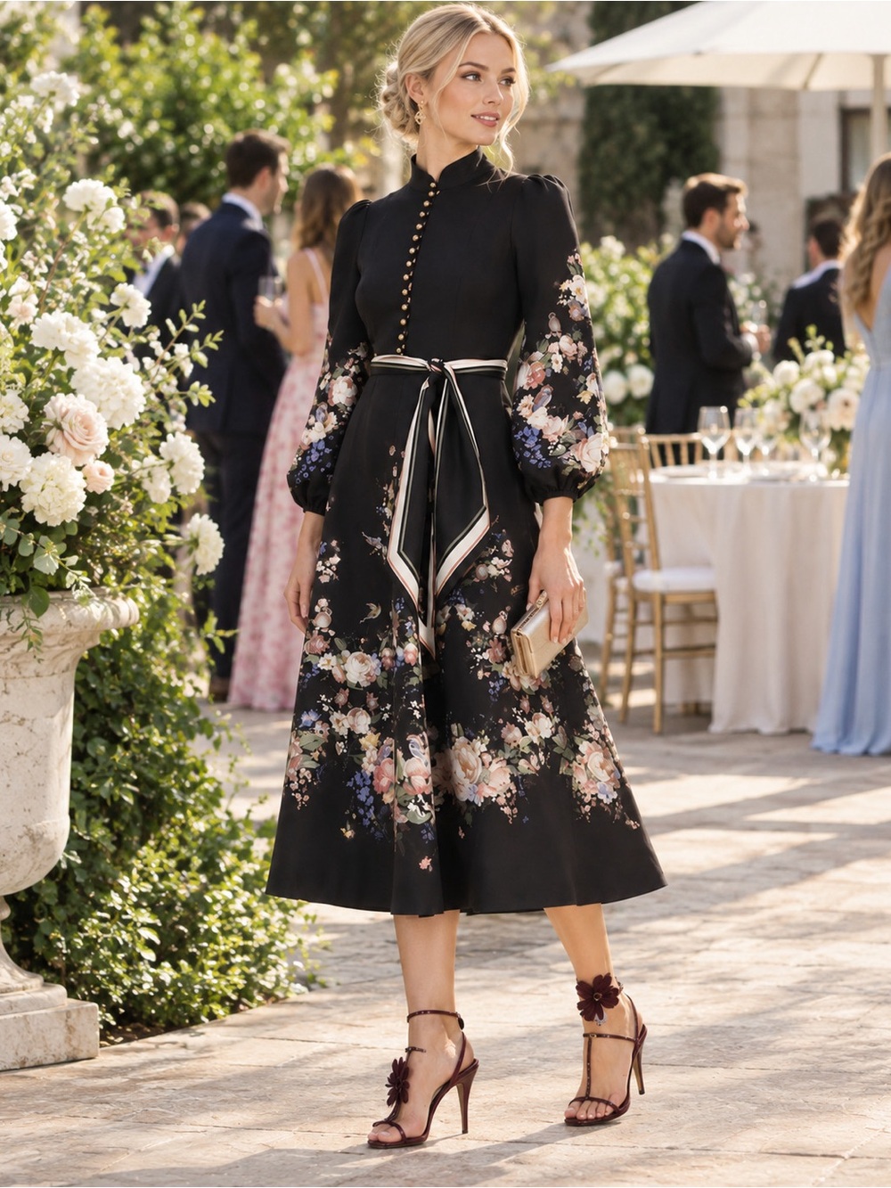 Zimmermann Black Floral Midi Dress with Cream and Pink Accents